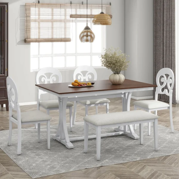 Mid-Century 6-Piece Trestle Table Set with Victorian Round Upholstered Dining Chairs and Long Bench, Cherry+Antique White