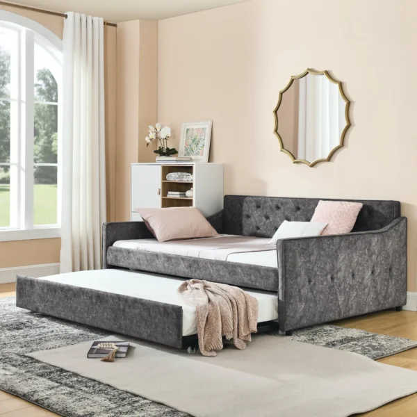 Full Size Daybed with Twin Size Trundle Upholstered Tufted Sofa Bed, Waved Shape Arms, Grey